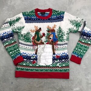 Blizzard Bay Men's Ugly Christmas Sweater Reindeer Drinking Beer Holder  Size S